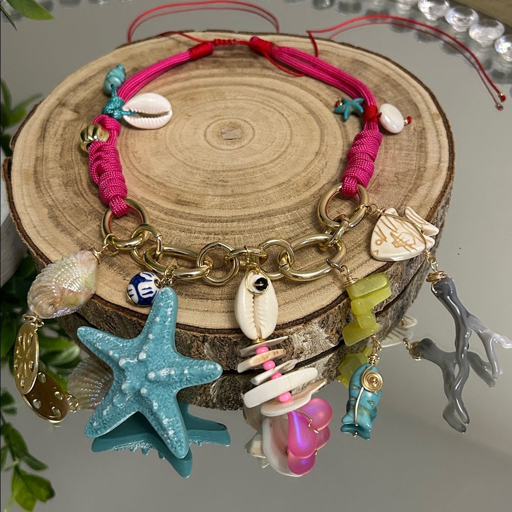 Handmade Pink Nautical Charm Necklace with Turquoise Starfish
